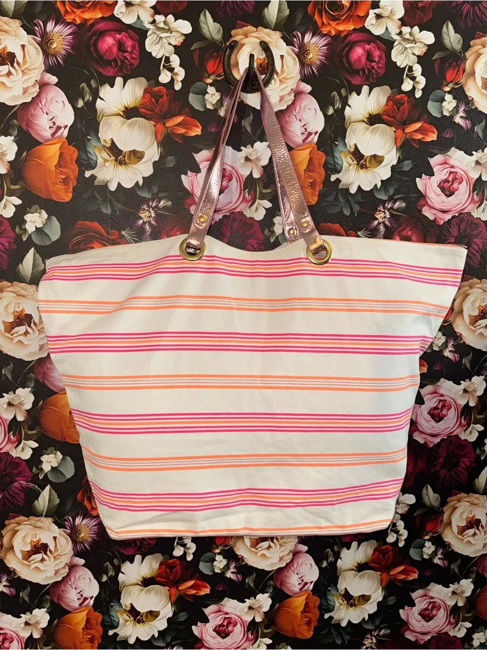 NWT RARE Vintage Oversized Victoria's Secret Pink & Orange Striped Canvas Tote